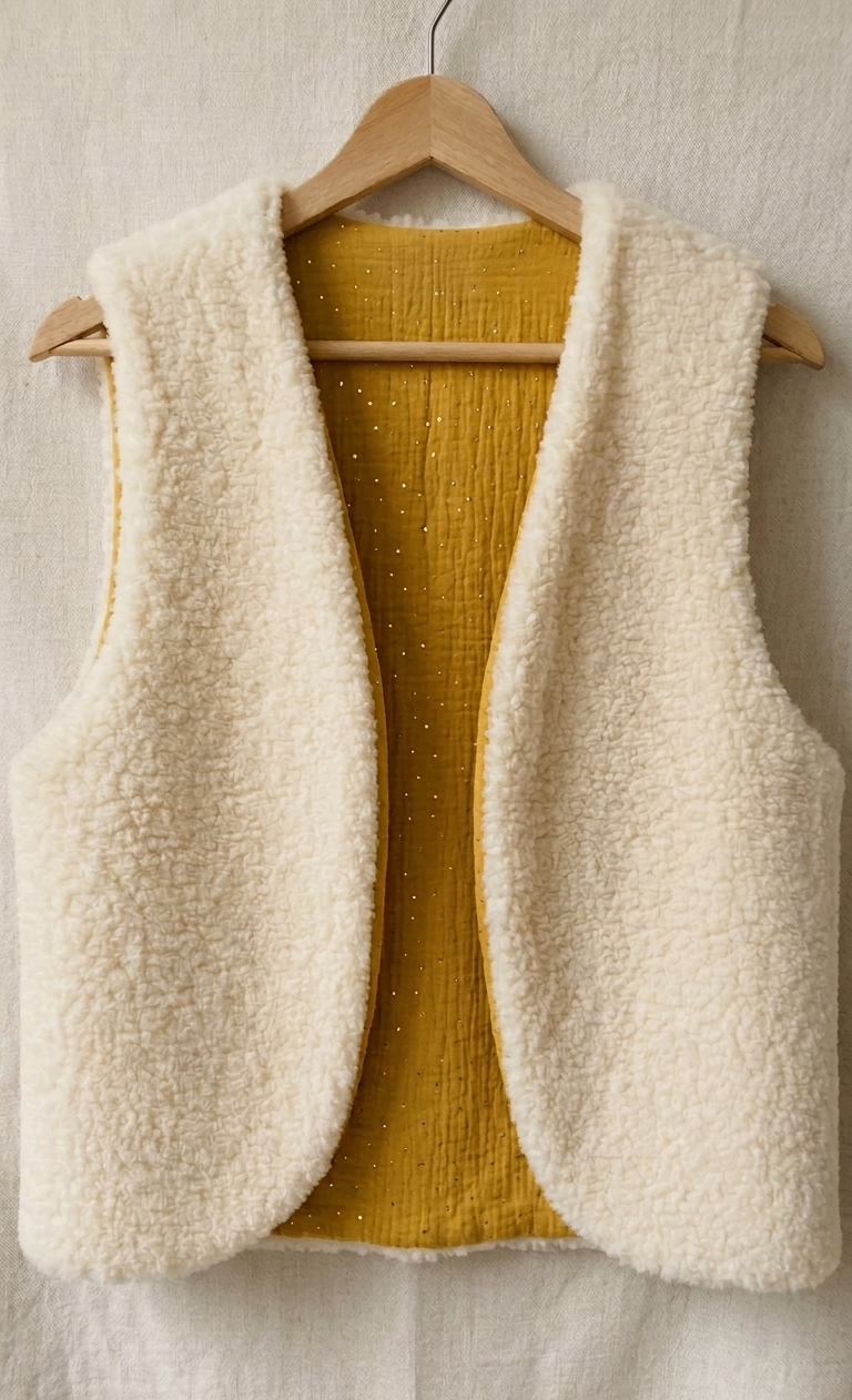 gilet réversible laine pyrénées ecru jaune moutarde pois or