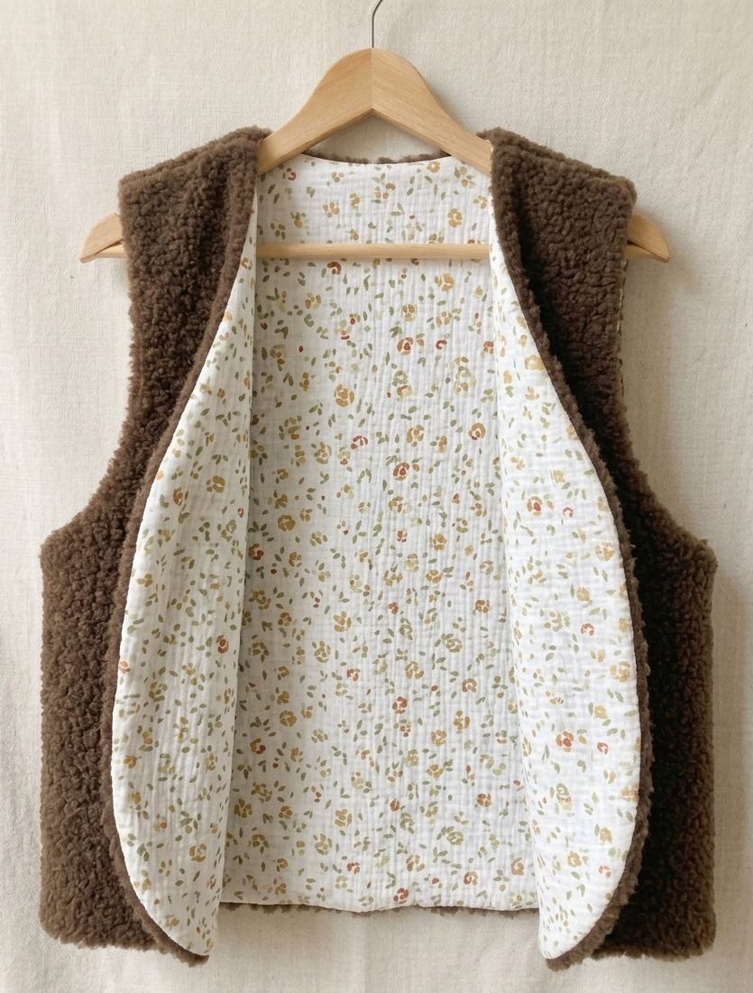 gilet réversible laine pyrénées marron fleuri kaki