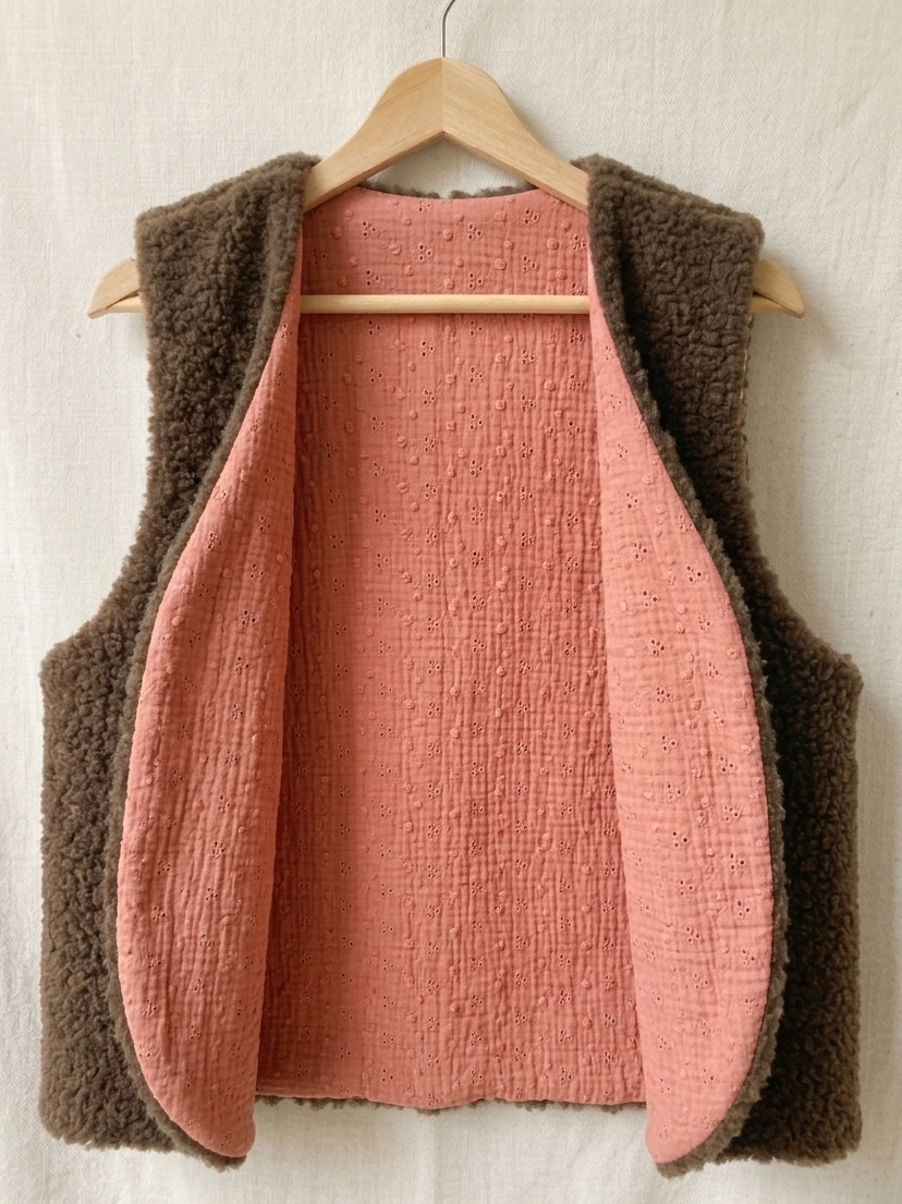 gilet réversible laine pyrénées marron brodé marsala