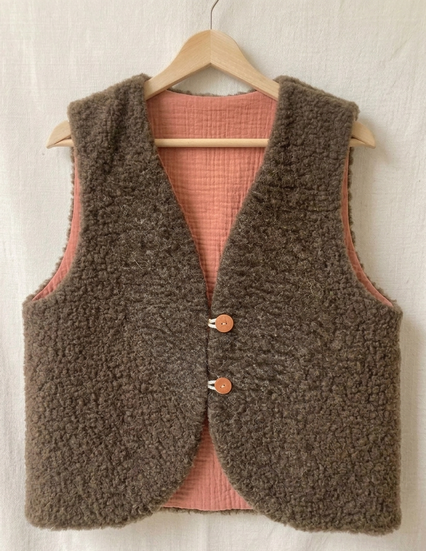 gilet réversible laine pyrénées marron marsala 2 boutons