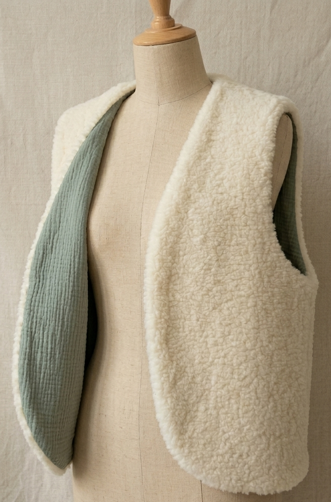 gilet laine ecru double gaze vert sauge