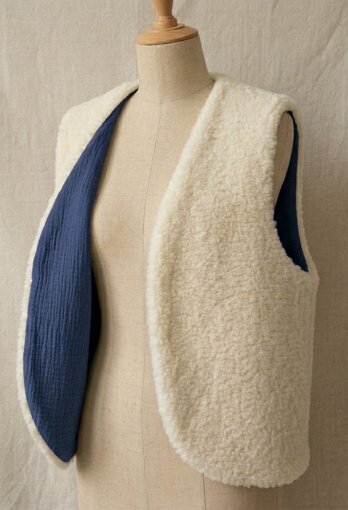gilet laine ecru double gaze bleu indigo