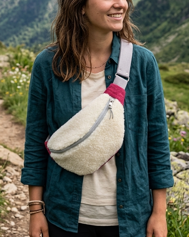 sac banane laine pyrenees beige velours rose