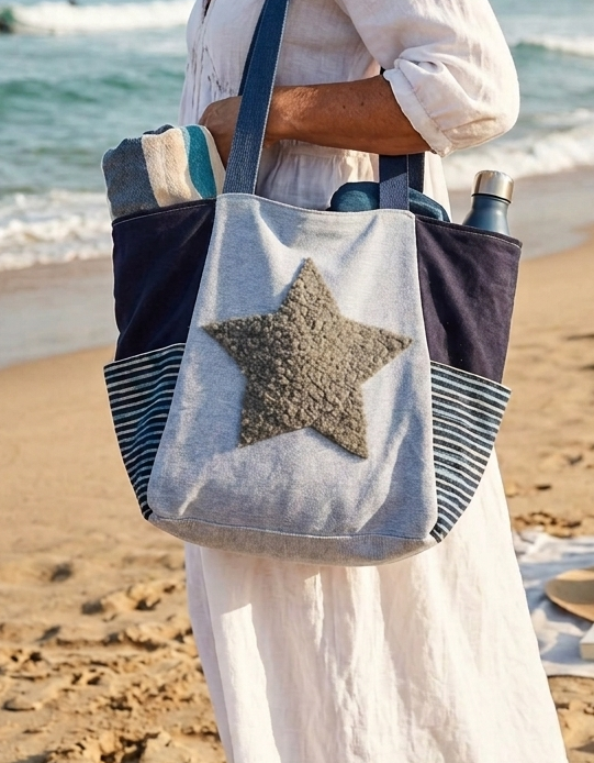 sac cabas bleu etoile gris porté