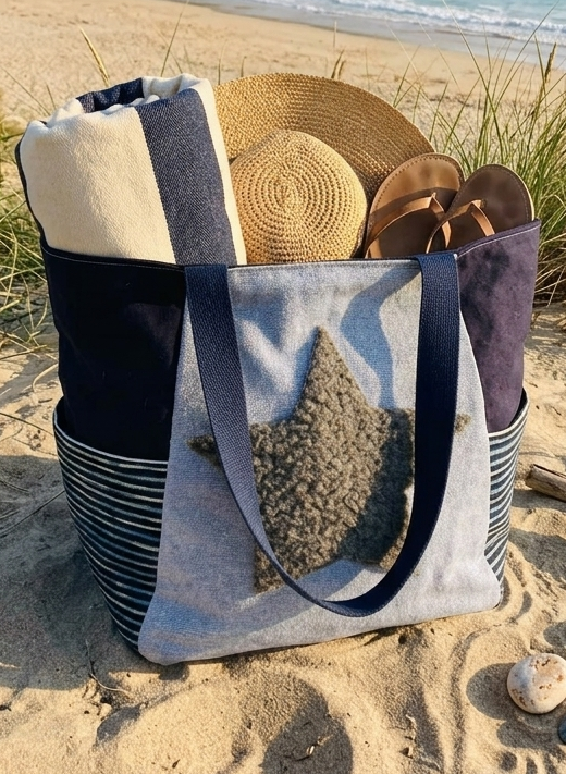 sac cabas bleu etoile grise laine