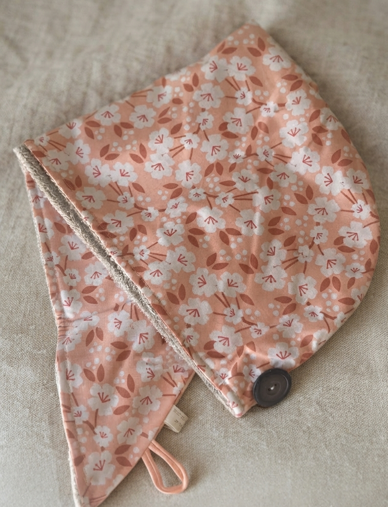 TUR19 turban bain coton bambou fleuri rose saumonné
