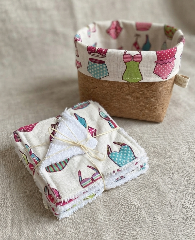 Semainier lingettes demaquillantes bambou coton et panier liege artisanal maillots de bain