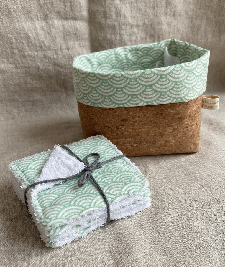 Semainier lingettes demaquillantes bambou coton et panier liege artisanal ondes vert d'eau