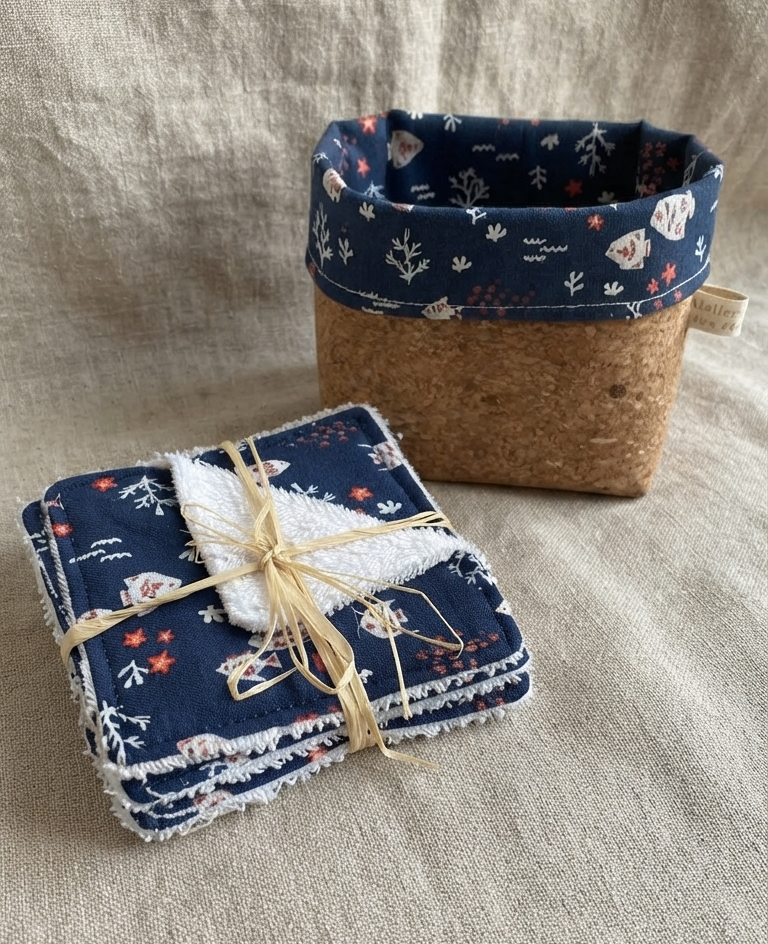 Semainier lingettes demaquillantes bambou coton et panier liege artisanal poissons bleu marine