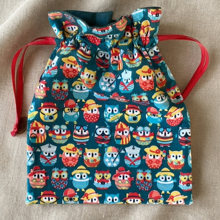 sac maillo coton intérieur enduit chouettes bleu