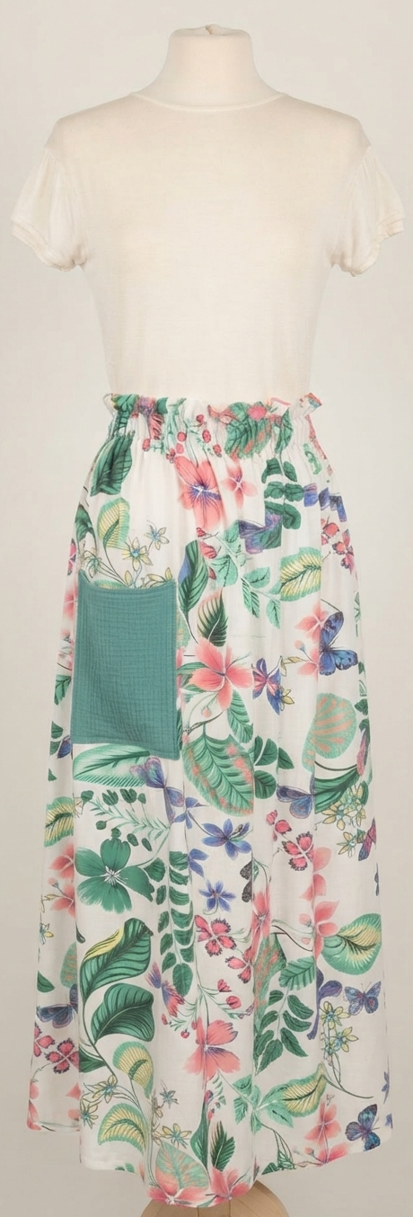 jupe longue viscose fleur papillon blanc bleu vert artisanal