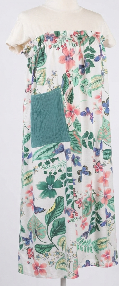 jupe longue viscose fleur papillon blanc bleu vert artisanal  poche gaze coton