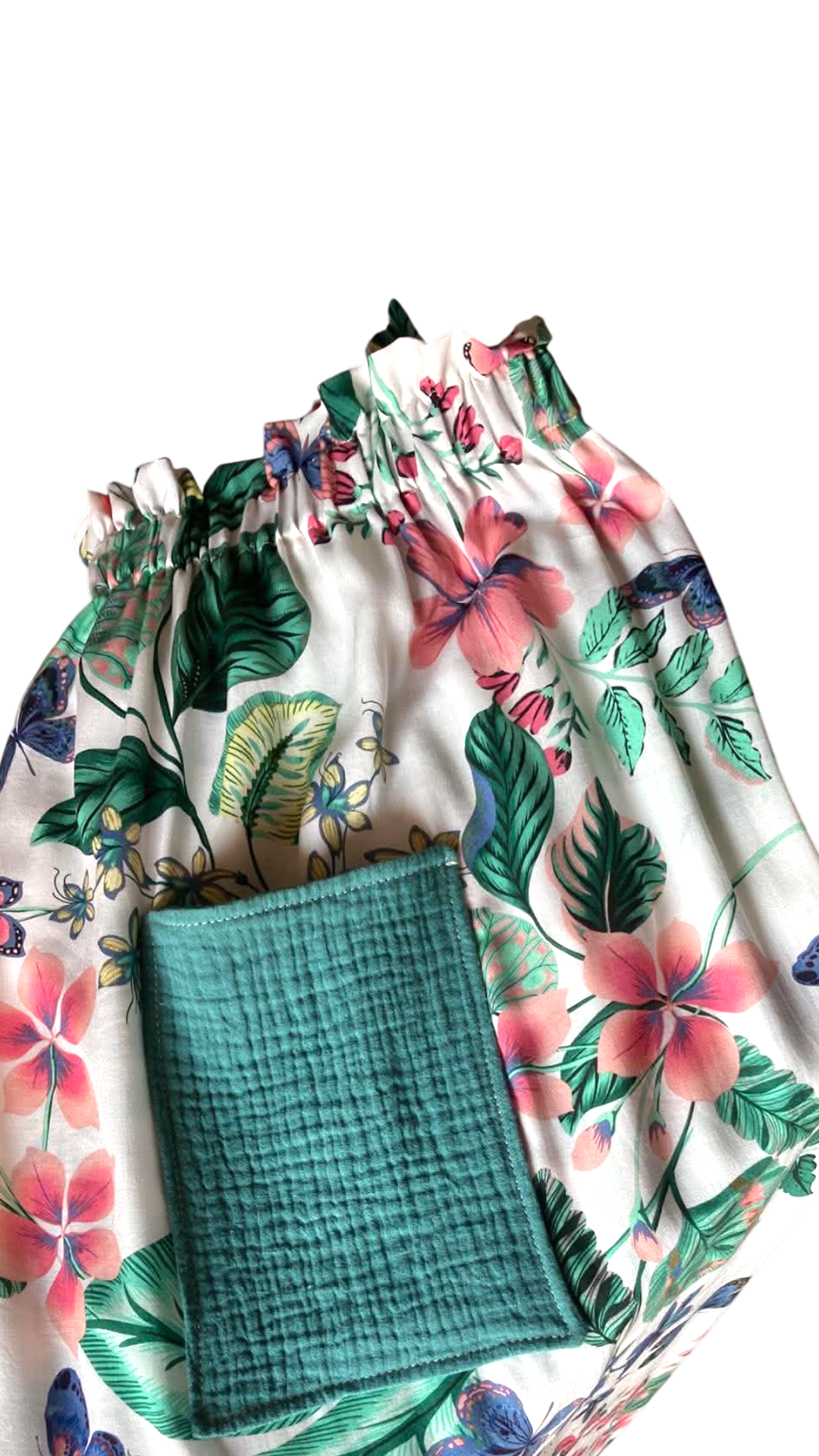 jupe longue viscose fleur papillon blanc bleu vert artisanal  poche