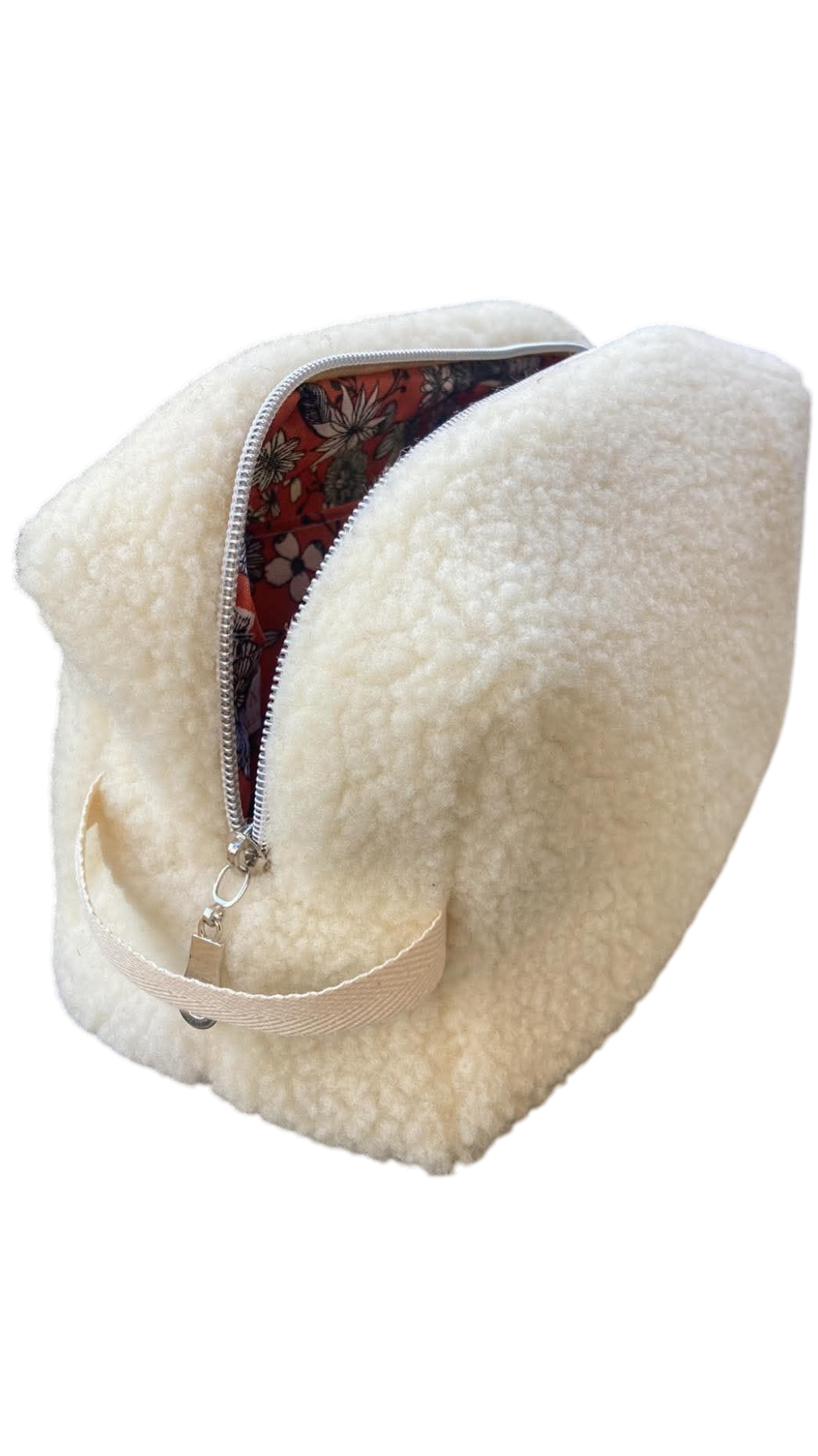 trousse toilette laine mouton moumoute ecru fleur orange (4)