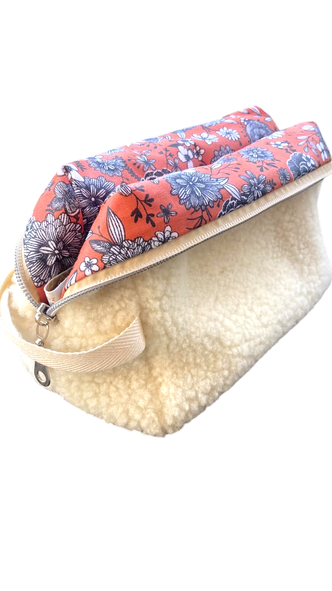 trousse toilette laine mouton moumoute ecru fleur orange