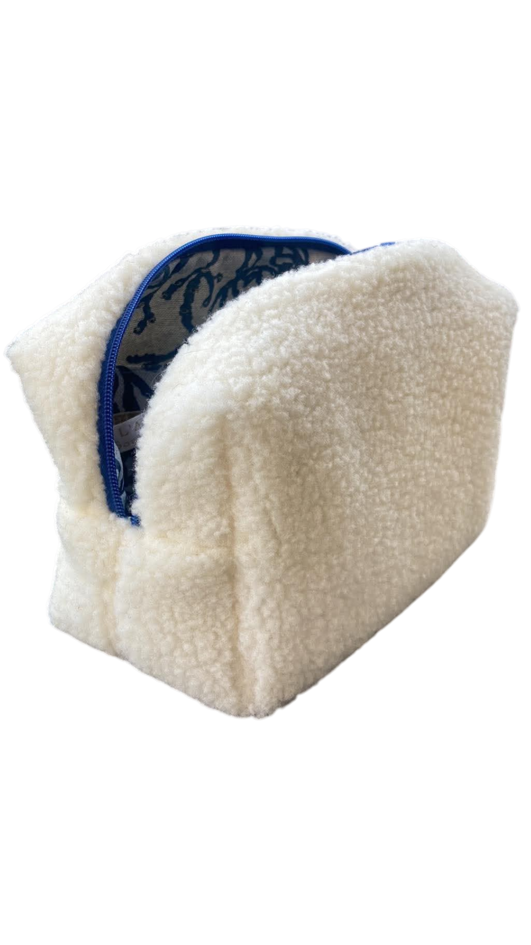 trousse toilette laine mouton moumoute ecru coraux bleu marine