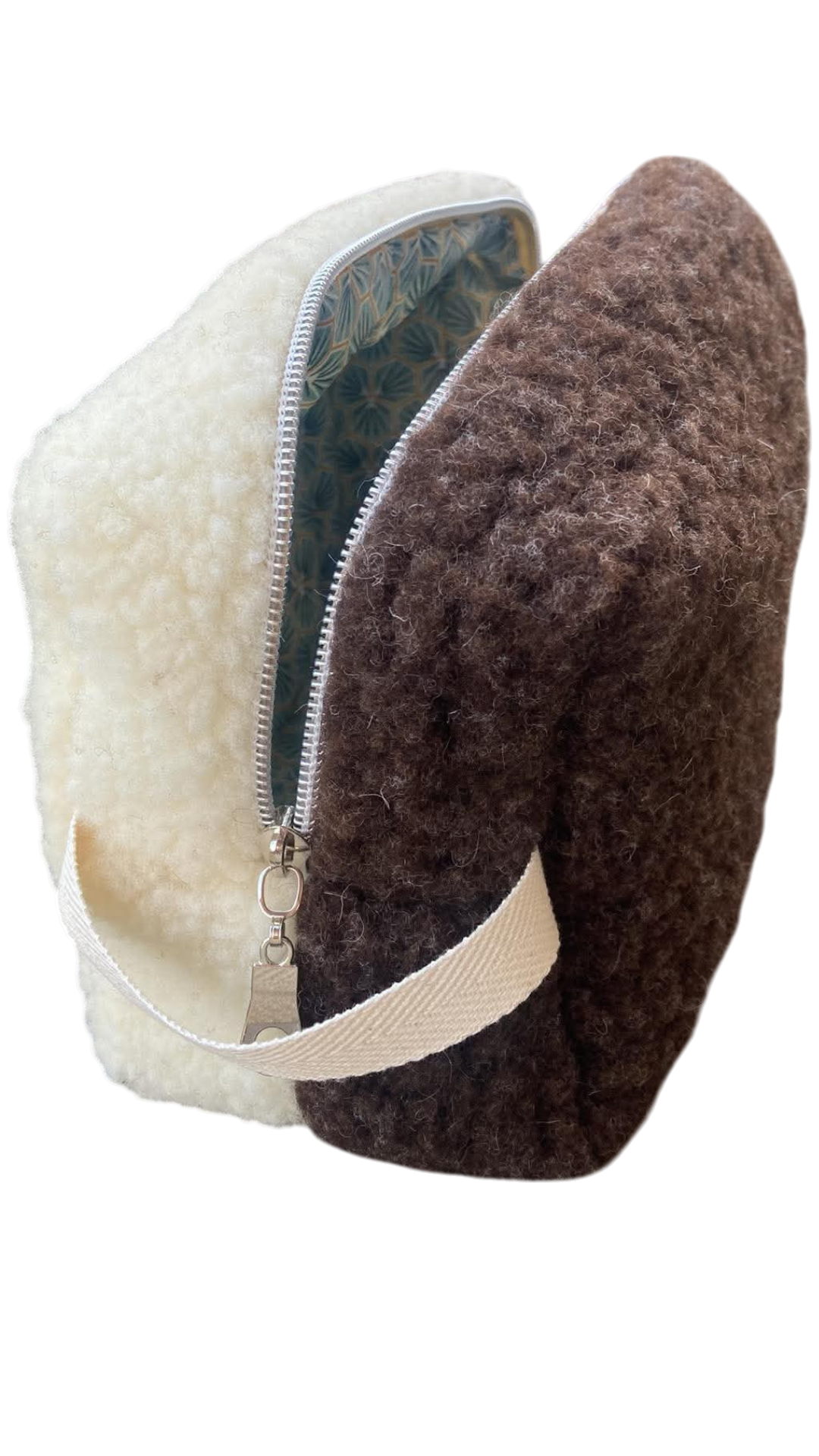 trousse toilette laine mouton moumoute bicolore ecru beige marron