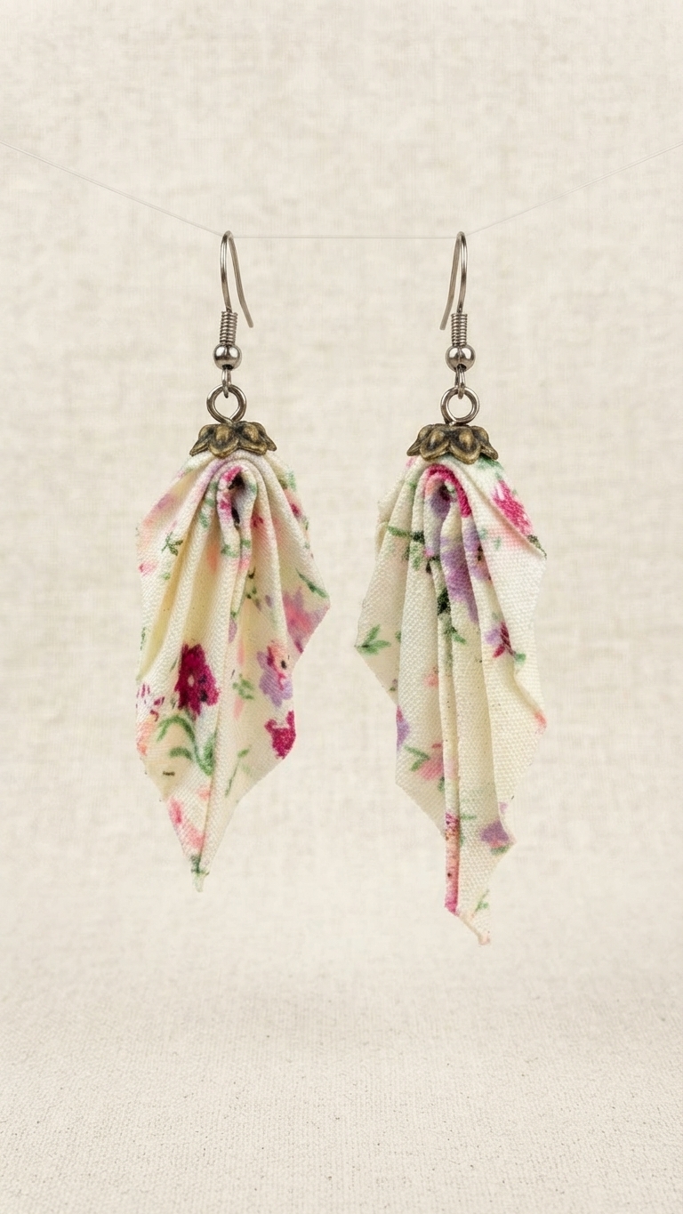boucle oreille tissu fait main et crochet acier fleuri blanc rose