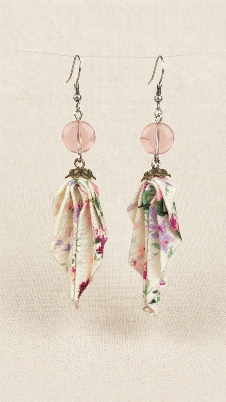 boucle oreille tissu fait main et crochet acier fleuri blanc rose (2)