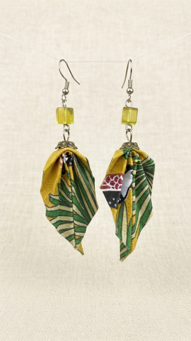 boucle oreille tissu fait main et crochet acier jungle jaune moutarde