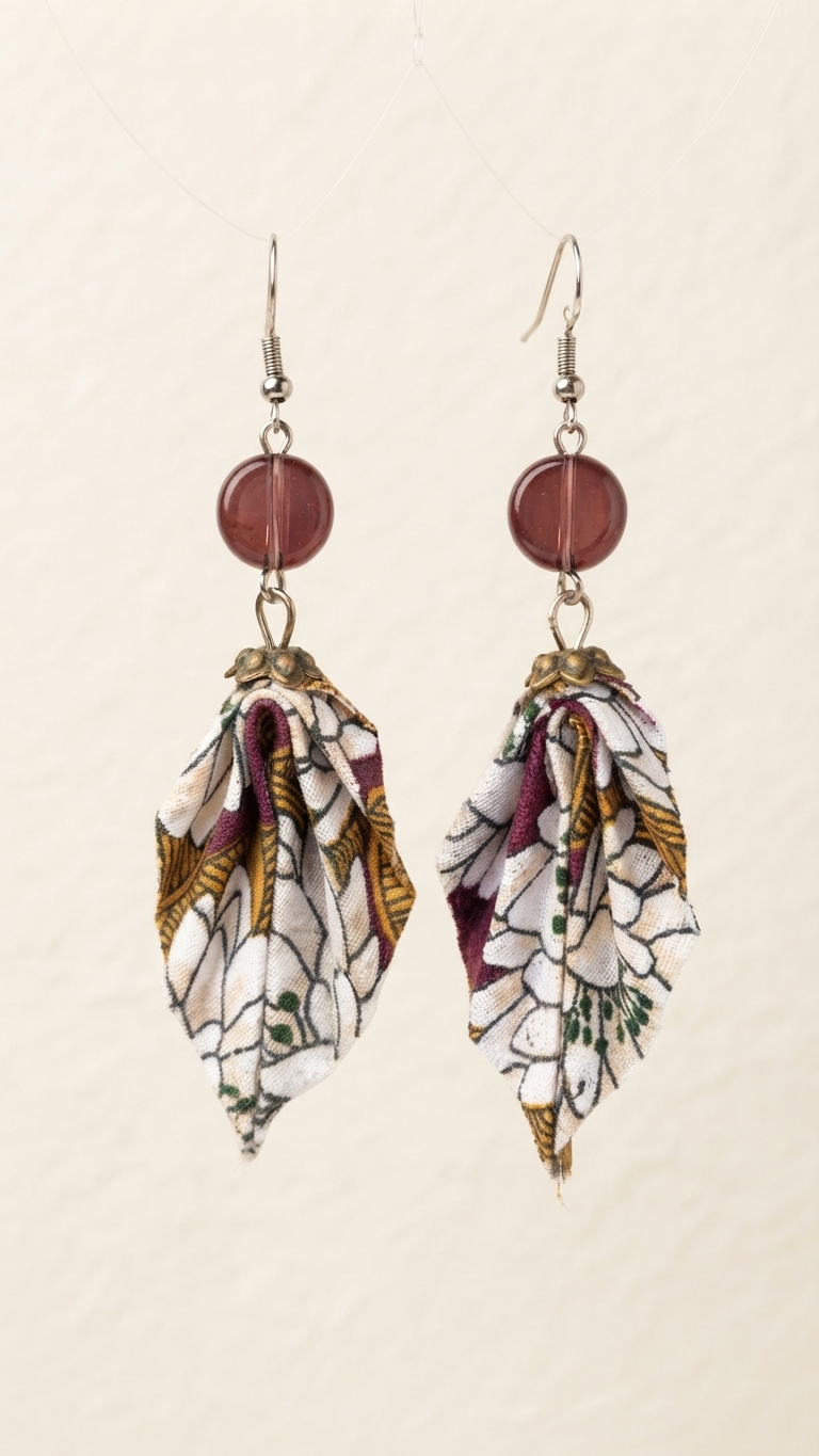 boucle oreille tissu fait main et crochet acier lotus aubergine