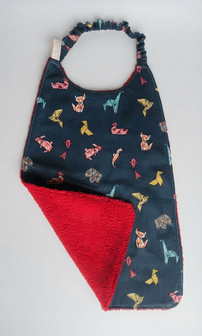 serviette cantine éponge coton animaux origami bleu rouge
