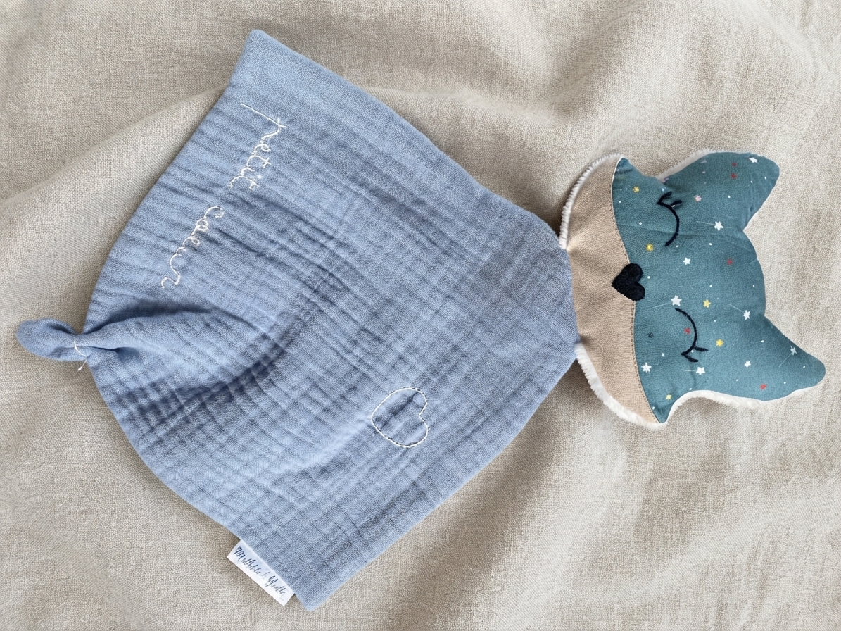 doudou fait main certifié gaze coton bleu renard