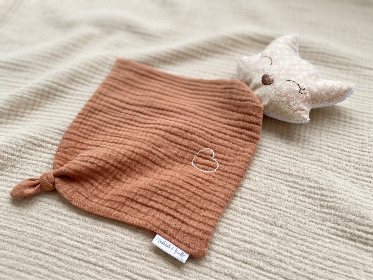 doudou fait main certifié gaze coton marsala renard