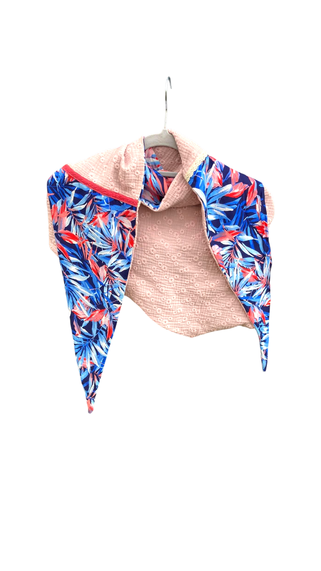 chale foulard grand triangle bleu rose fleuri gaze coton viscose (1)