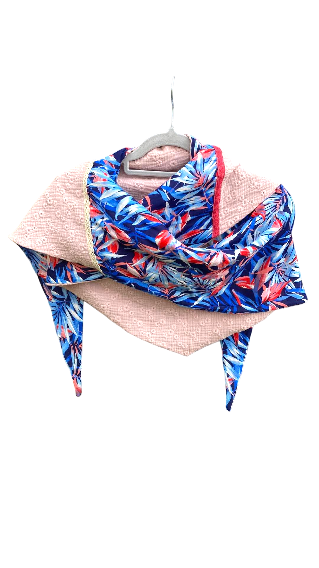 chale foulard grand triangle bleu rose fleuri gaze coton viscose