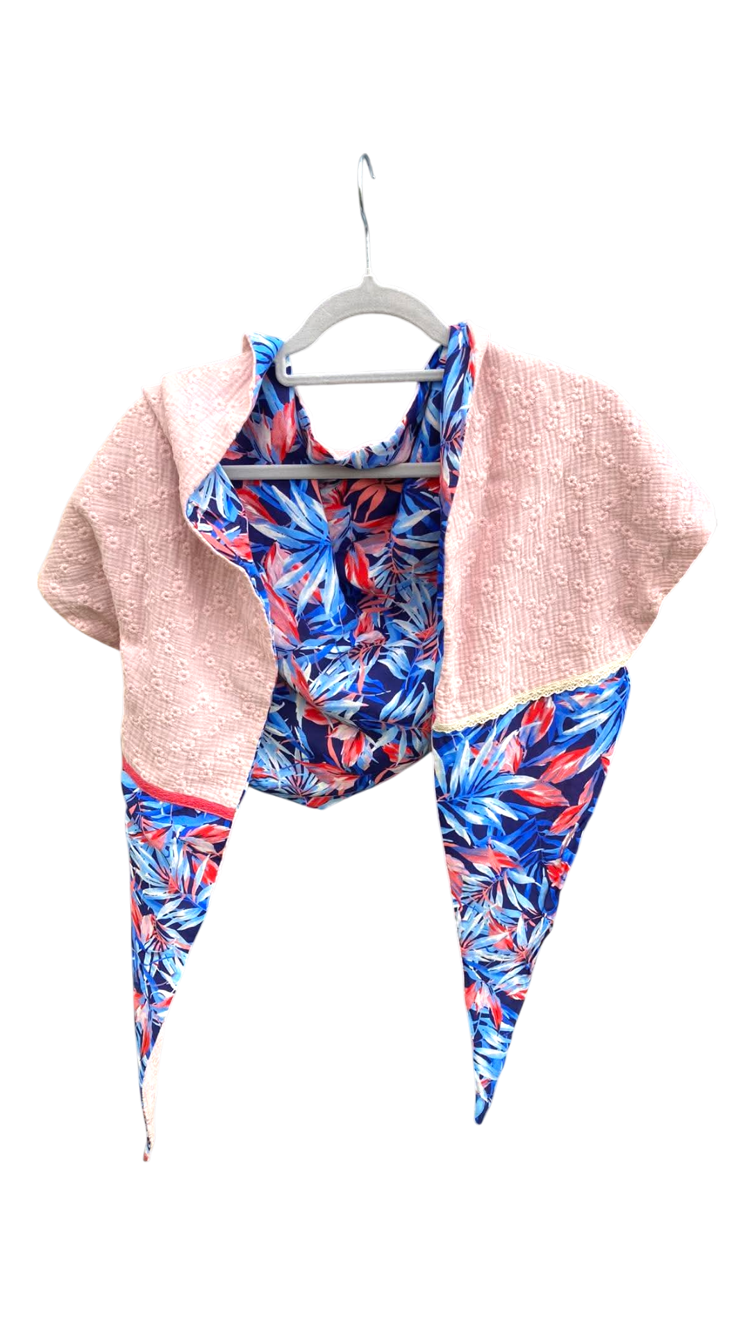 chale foulard grand triangle bleu rose fleuri gaze coton viscose (2)