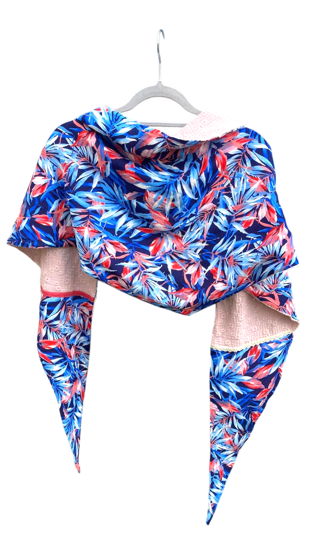 chale foulard grand triangle bleu rose fleuri gaze coton viscose (3)
