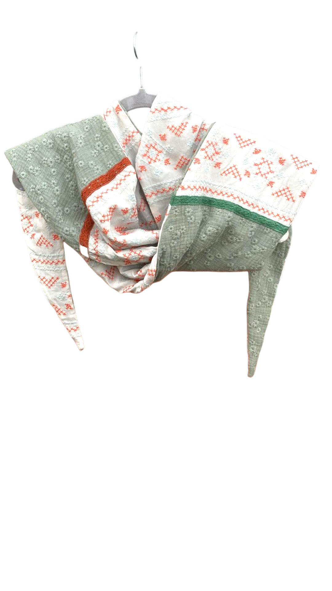 chale foulard grand triangle vert amande corail brodé gaze coton viscose