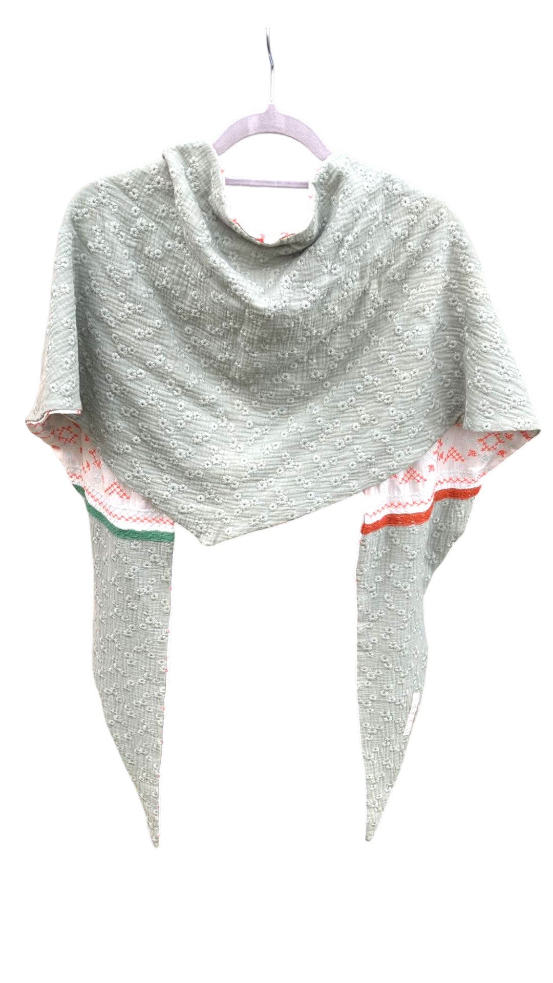 chale foulard grand triangle vert amande corail brodé gaze coton viscose (2)