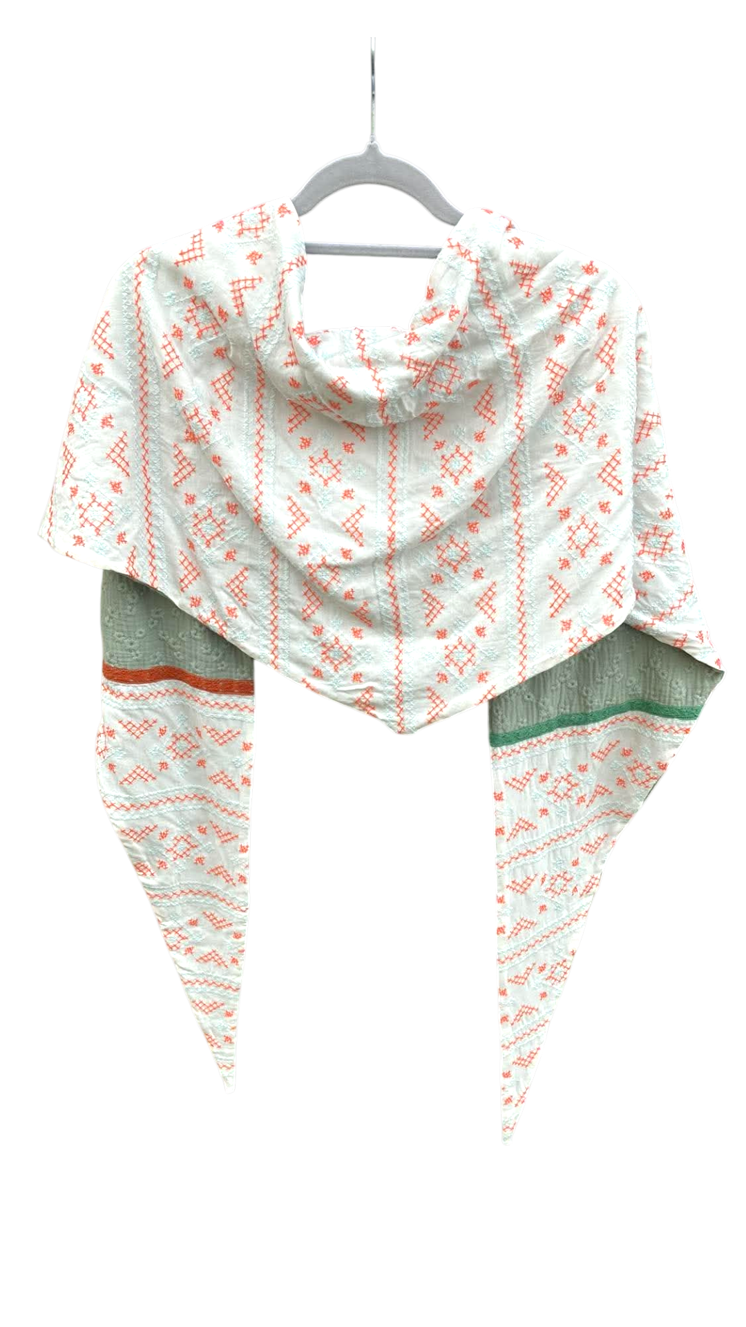 chale foulard grand triangle vert amande corail brodé gaze coton viscose (1)