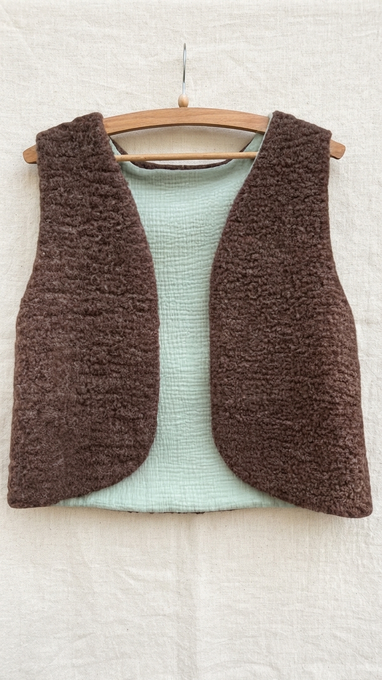 gilet adulte mouton laine pyrénées marron gaze coton vert sauge réversible artisanal
