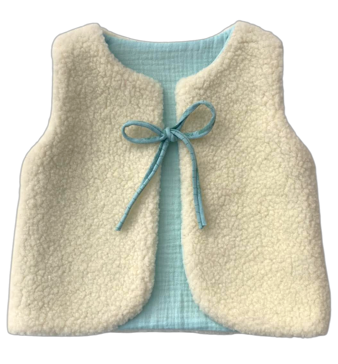 gilet laine pyrénées écru enfant gaze coton artisanal réversible  vert eau