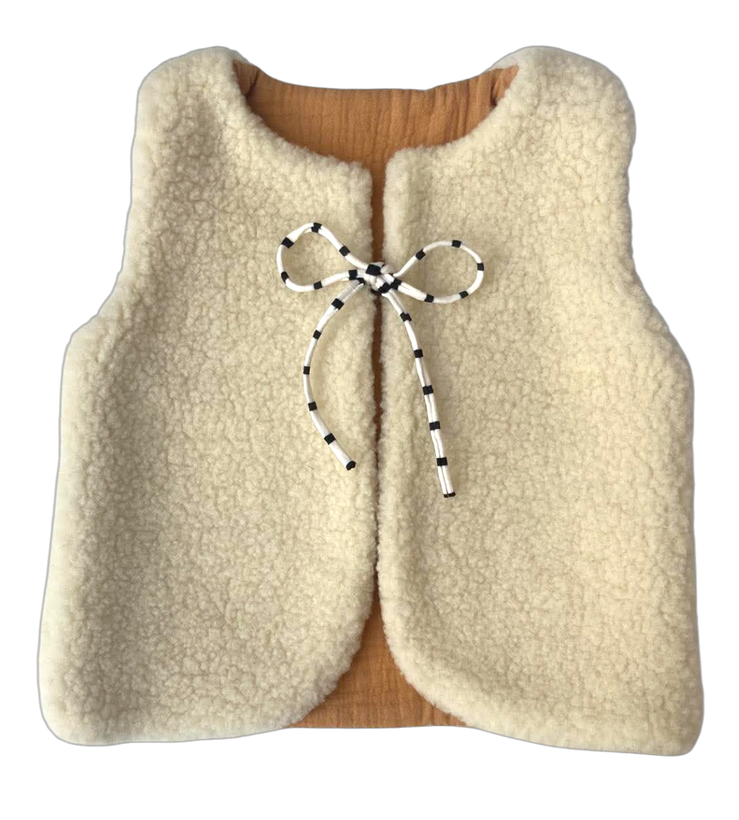 gilet laine pyrénées écru enfant gaze coton artisanal réversible  camel