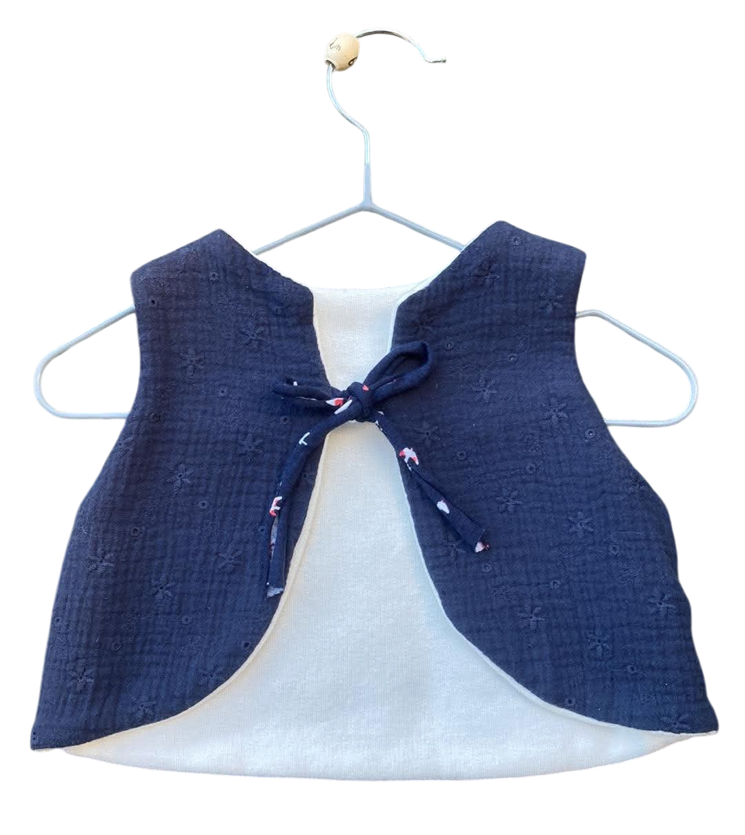 gilet bambou gaze coton brodé écru bleu marine bebe