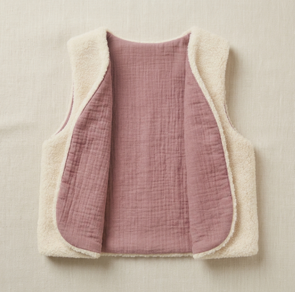 gilet laine ecrue gaze coton vieu rose irisé