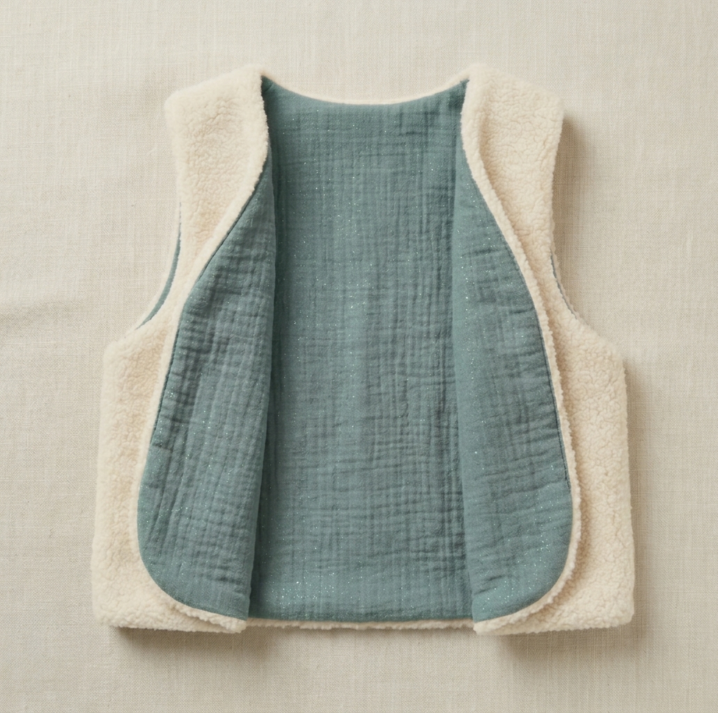 gilet laine ecrue gaze coton vert céladon irisé