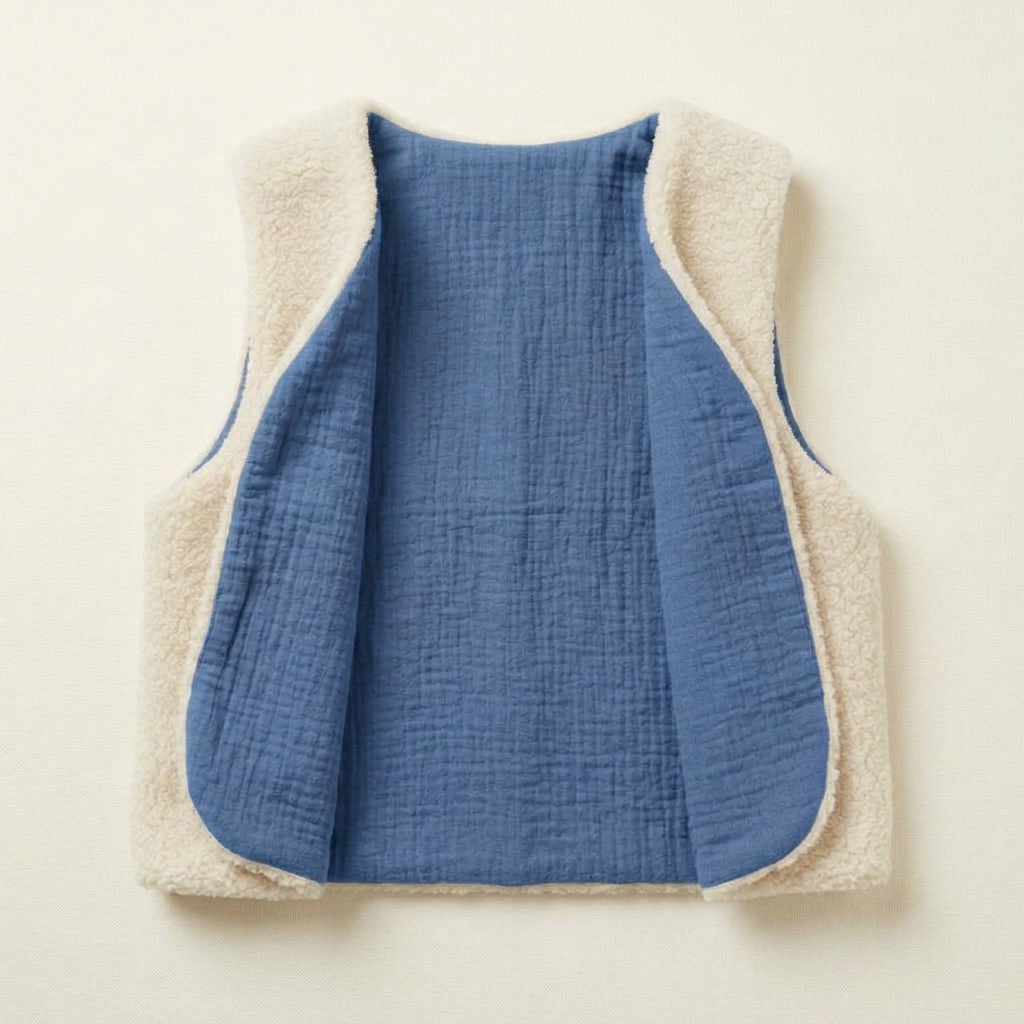gilet laine ecrue gaze coton bleu barbeau