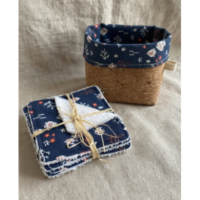Semainier lingettes demaquillantes bambou coton et panier liege artisanal poissons bleu marine