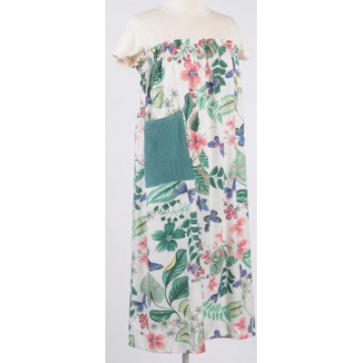 jupe longue viscose fleur papillon blanc bleu vert artisanal  poche gaze coton