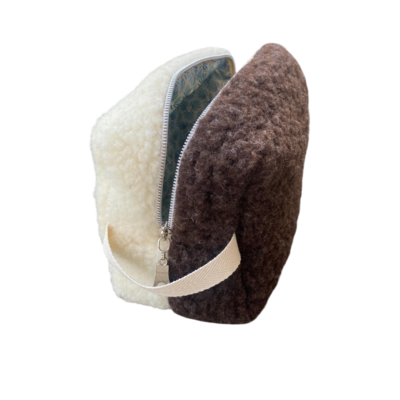 trousse toilette laine mouton moumoute bicolore ecru beige marron