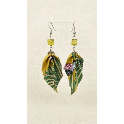 boucle oreille tissu fait main et crochet acier jungle jaune moutarde