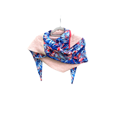 chale foulard grand triangle bleu rose fleuri gaze coton viscose