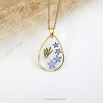 pendentif myosotis fleur séchée naturelle bleu acier inox or artisanal collier détail