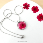 18-pendentif verveine rouge fleur séchée naturelle acier inox  artisanal collier rond