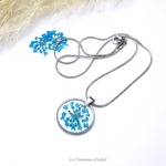 27-pendentif dentelle de la reine bleu turquoise fleur séchée naturelle acier inox  artisanal collier rond
